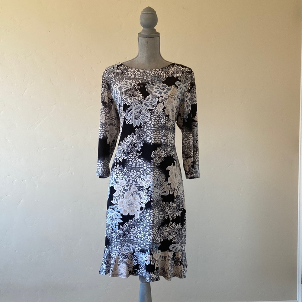 Sandra Darren Women's 3/4 Sleeve Puff Flounce Dress, Elegant Floral Black&Ivory